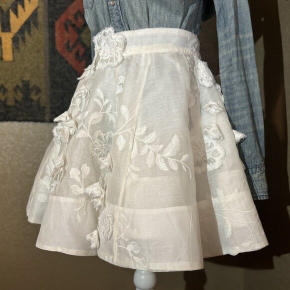 Zimmermann Postcard Appliqué 3D Flower Silk Linen Skirt Ivory RARE - Picture 4 of 8